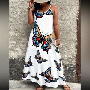 Plus Size Women's Butterfly Print Cami Maxi Dress White